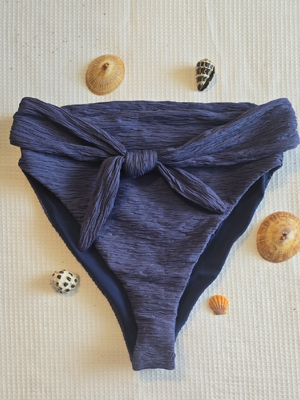 Mara Hoffman Navy Textured High-Waist Bikini Bottoms with Front Tie